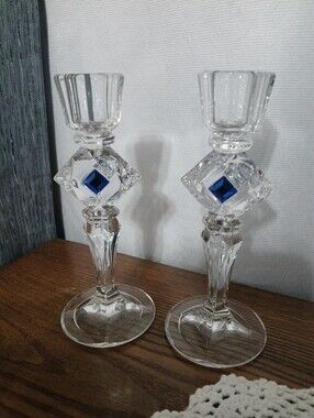 Partylite Jeweled Quad Prism Crystal Sapphire Candlesticks Set